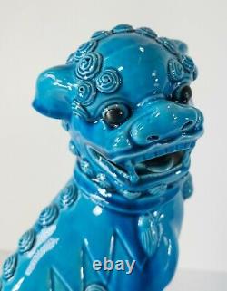 Paire Vintage Antique De Figurines Chinoises Bleu Turquoise Émaillées De Grands Chiens Foo