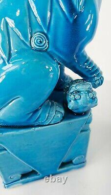 Paire Vintage Antique De Figurines Chinoises Bleu Turquoise Émaillées De Grands Chiens Foo