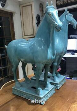 Paire X 2 Chevaux D'antiquité Chinois Grand Tang Turquoise Ming Matched Gauche Droite