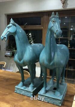Paire X 2 Chevaux D'antiquité Chinois Grand Tang Turquoise Ming Matched Gauche Droite