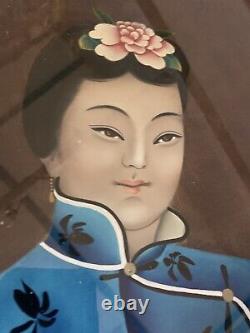 Peinture Antique De Verre Peint À L'envers Chinois Antique Grand Portrait De Lady 54cm