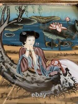 Peinture Antique En Verre Peint À L'envers Chinois Antique Grand 51cm Geisha