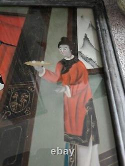 Peinture Antique En Verre Peint À L'envers Chinois Antique Grand 55cm De Haut