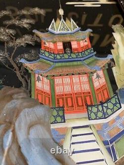 Peinture Antique En Verre Peint À L'envers De Chine Antique Grandes Grues Pagoda 46cm
