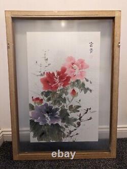 Peinture orientale chinoise 2x grande signée Fleurs Feuilles Pivoine