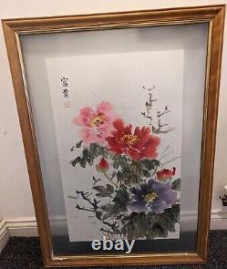 Peinture orientale chinoise 2x grande signée Fleurs Feuilles Pivoine