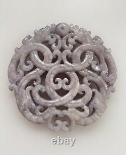 Pendentif lourd et grand en jade violet lavande chinois antique avec 2 dragons asiatiques - 43g, 7cm