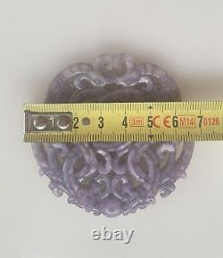 Pendentif lourd et grand en jade violet lavande chinois antique avec 2 dragons asiatiques - 43g, 7cm