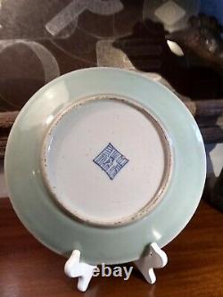 Plaque De Porcelaine Chinoise Antique Famille Rose Fencai Celadon Grande
