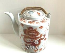 Porcelaine Chinoise Antique Peint À La Main Grand Pot De Thé Dragon Signé