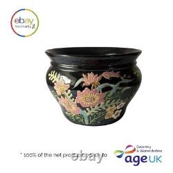 Pot de fleurs chinois grand noir rare et unique à motifs multicolores sculptés à la main, antique.