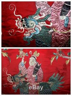 Qing Soie Chinoise Matelassée Broderie Grand Panneau Textile Tapisserie Immortal Kilin