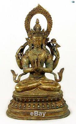 Rare 19 Cent. Bronze Antique Grand Doré Asiatique Chinois Namaste Bouddha Statue