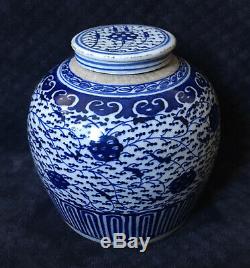 Rare Début Du 19ème Siècle Antique Chinois Bleu Blanc Grand Pot De Gingembre En Porcelaine