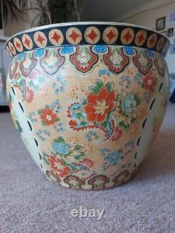 Rare Extra Grand Céramique Porcelaine Vintage Chinois Jardiniere Koi Fish Bowl