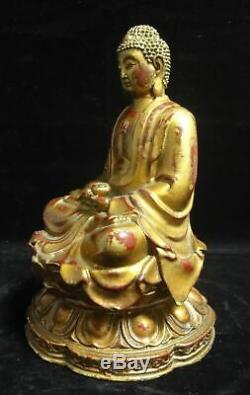 Rare Grand Lourd Vieux Chinois En Bronze Doré Shakyamuni Bouddha Statue Sculpture