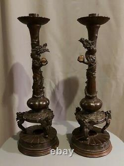 Rare Grande Paire De Chandeliers De Bronze Chinois Antique Vers 1850 À 1890