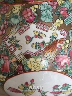 Rare Vintage Début 20c. Rose Chinoise Famille Grand Vase D'ornate Lotus Leaf Rim