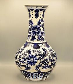 République Chinoise Original Vintage Signé Taiwan Roc Vase De Porcelaine Bleu Et Blanc