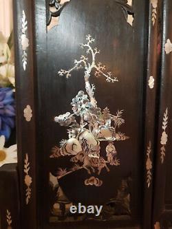 Spectaculaire Antique Grand 3 Panneau Chinois Mère De Perle Incrustée & Écran Sculpté