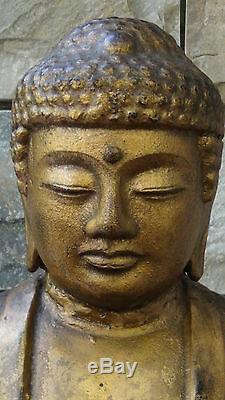 Statue De Bouddha Assiette Ancienne 19c Sur Un Support En Bois Chinois Chinoise En Bronze Doré