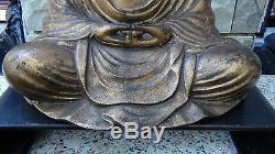 Statue De Bouddha Assiette Ancienne 19c Sur Un Support En Bois Chinois Chinoise En Bronze Doré