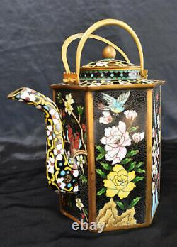 Superbe Antique Enamel Cloisonne Chinese Grande Théière Bird & Flowers Design