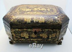 Superbe Grand 19ème Siècle Antique Chinois D'exportation En Bois Laqué Caddy Poitrine / Box