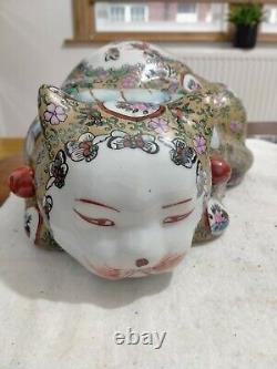 Superbe Grand Chinois Peint À La Main Vintage Porcelaine Dormant Cat Figurine