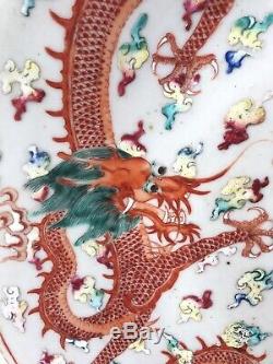 Superbe Grande Plaque Antique Dragon De Famille Rose Chinois Chinois