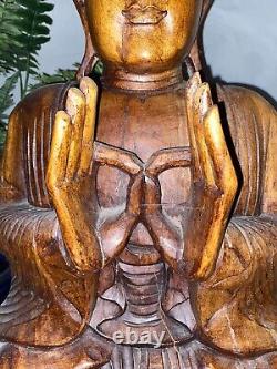 Superbe grande statue de Bouddha chinois en bois antique de 32 pouces