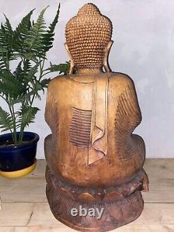 Superbe grande statue de Bouddha chinois en bois antique de 32 pouces