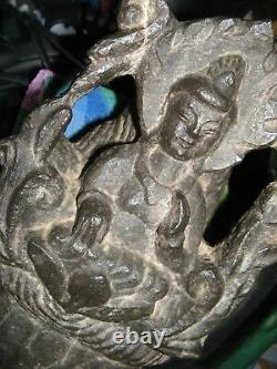 Tête De Bouddha En Pierre Sculptée Antique Et Support En Bois Personnalisé