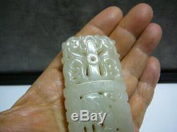 Très Grand Et Beau Pendentif En Jade Blanc Céladon Chinois Avec Les Lions De Tigre Sculpture 19thc