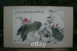 Très Grande Encre De Chine Et Aquarelle Peinture Encadrée En Bois Parchemin Signed