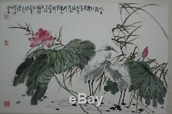 Très Grande Encre De Chine Et Aquarelle Peinture Encadrée En Bois Parchemin Signed