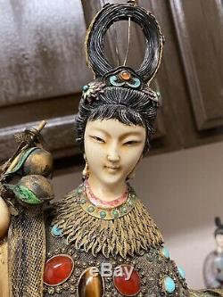 Un Superbe Grand Vieux Chinois En Bronze Doré Émail Cloisonné Magu Figure Statue
