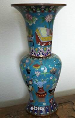 Vase Chinese Cloisonné Tall Grand Bleu Avec Fleurs Et Vases