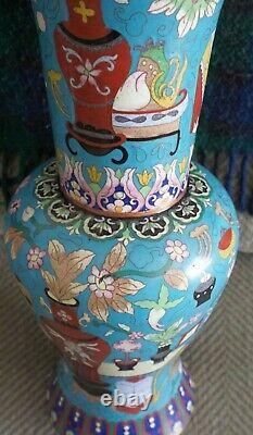Vase Chinese Cloisonné Tall Grand Bleu Avec Fleurs Et Vases