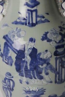 Vase Chinois Antique 19ème Siècle En Porcelaine Bleue Et Blanche Céladon Grand Vase