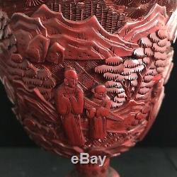Vase Chinois Cinabre 19ème Siècle Laque Rouge Sculpté À La Main Grand Urne 12 Grand