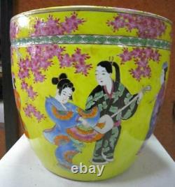 Vase Chinoise Antique Porcelaine Danseuse Jaune 19ème Grandes Fleurs De Jarre Rare Vieux