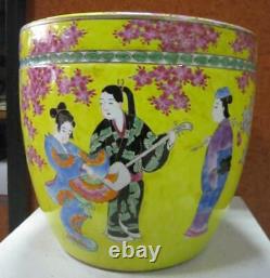 Vase Chinoise Antique Porcelaine Danseuse Jaune 19ème Grandes Fleurs De Jarre Rare Vieux