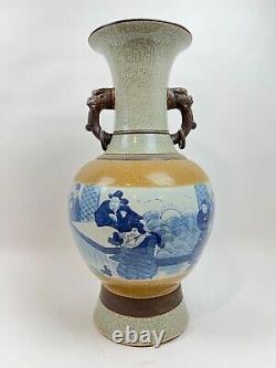 Vase Craqué Chinois Extra-large Bleu-blanc Et Brun Bonne Condition