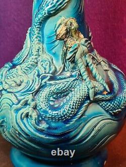 Vase De Figural Du Dragon D'awaji Turquoise Japonais Antique