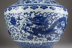 Vase De Porcelaine Blanc Et Bleu Chinois Rare Antique Dynastie Qing Marquée 52cm