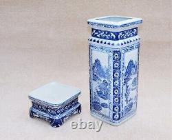 Vase De Porcelaine Orientale Chinoise Grand + Pied De Base Bleu Et Blanc Vintage 43,5cm