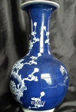 Vase Peint En Bleu Qing Chinois Antique Et Blanc Prunus Signé 11