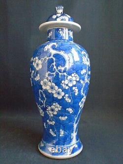Vase balustre chinois du 19e siècle en noir et blanc avec de grandes fleurs de Prunus et son couvercle. Marque de Kangxi.