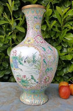 Vase d'oiseau en émail de Canton oriental chinois de grande taille, de style vintage.